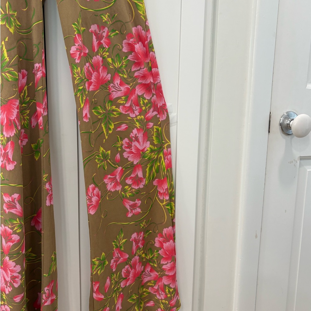 Tracy Reese Silk Floral Pants in Pink and Tan